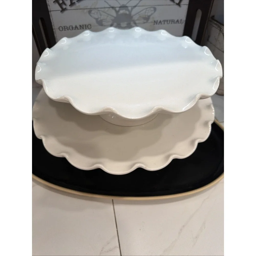 Williams Sonoma White Ceramic Round Glossy Cake Stands Set of 2 Made in Italy
